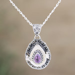 Amethyst locket necklace, 'Forget Me Not' - Indian Amethyst and Sterling Silver Locket Necklace