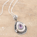 Amethyst locket necklace, 'Forget Me Not' - Indian Amethyst and Sterling Silver Locket Necklace