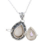Amethyst locket necklace, 'Forget Me Not' - Indian Amethyst and Sterling Silver Locket Necklace