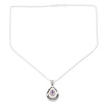 Amethyst locket necklace, 'Forget Me Not' - Indian Amethyst and Sterling Silver Locket Necklace