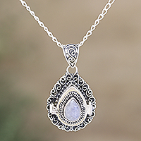 Rainbow moonstone locket necklace, 'Question Mark' - Rainbow Moonstone and Sterling Silver Locket Necklace
