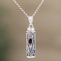 Garnet locket necklace, 'Into the Ether' - Handmade Garnet and Sterling Silver Locket Necklace