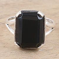 Onyx cocktail ring, 'Mirrored Moon' - Indian Onyx and Sterling Silver Cocktail Ring