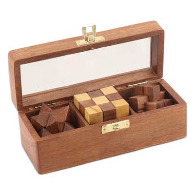 Rompecabezas de madera, (juego de 3) - Rompecabezas de madera de acacia (juego de 3 en caja)