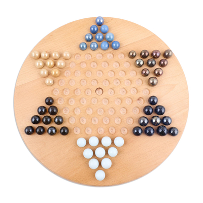 Wood Chinese checkers set, 'Last Chance' - Wood and Glass Marble Chinese Checkers Game