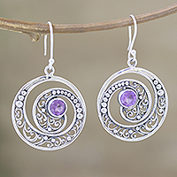 Amethyst dangle earrings, 'Catch the Light' - Amethyst and Sterling Silver Dangle Earrings from India