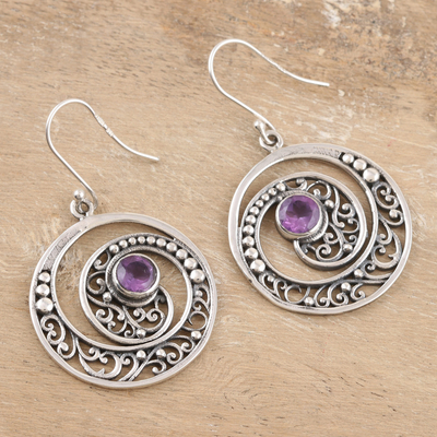 Amethyst dangle earrings, 'Catch the Light' - Amethyst and Sterling Silver Dangle Earrings from India