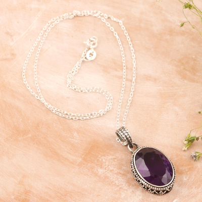 Amethyst pendant necklace, 'Before Dawn' - Indian Amethyst and Sterling Silver Pendant Necklace