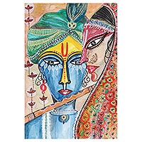 'Musical Krishna' - Acuarela con temática musical sobre papel hecho a mano