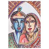 'Krishna with Rukmini' - Watercolor Krishna Painting on Handmade Paper