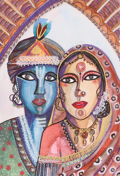 'Krishna with Rukmini' - Watercolour Krishna Painting on Handmade Paper