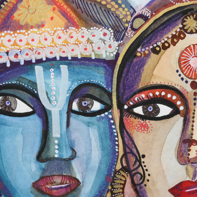 'Krishna with Rukmini' - Watercolour Krishna Painting on Handmade Paper