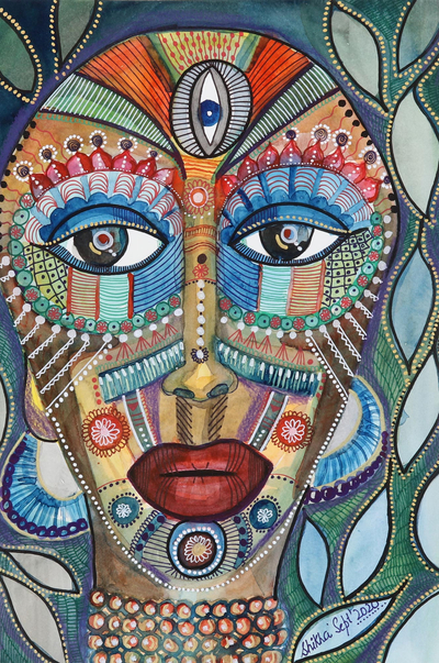 'Máscara I' - Pintura de retrato de acuarela sobre papel hecho a mano