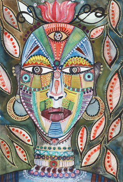 'Mask II' - Pintura de máscara de acuarela sobre papel hecho a mano