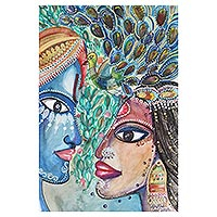 'Raas Leela' - Watercolor Painting on Paper with Peacock Motif