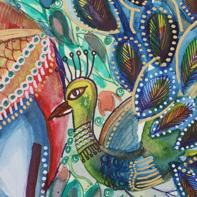 'Raas Leela' - Watercolor Painting on Paper with Peacock Motif