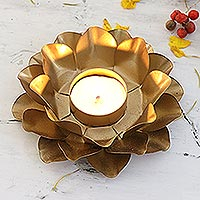 Steel tealight candleholder, 'One More Light' - Golden Tealight Candleholder with Lotus Motif