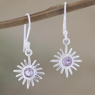 Amethyst dangle earrings, 'Lavender Star' - Solar-Inspired Sterling Silver Earrings with Amethyst