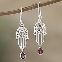 Garnet dangle earrings, 'Hamsa Protection'