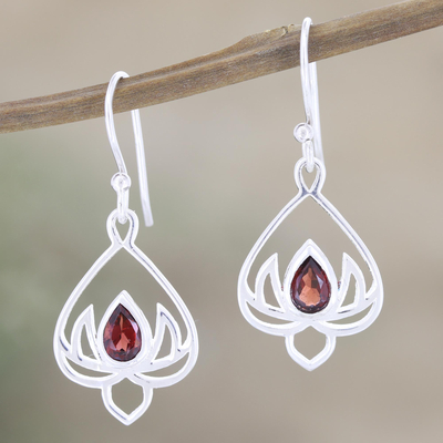 Garnet dangle earrings, 'Fire Lotus' - Lotus Flower Themed Sterling Silver Earrings with Garnet