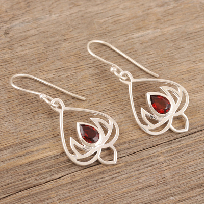 Garnet dangle earrings, 'Fire Lotus' - Lotus Flower Themed Sterling Silver Earrings with Garnet