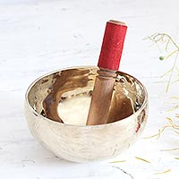 Brass meditation bowl, 'Serene Play' (6 inches) - Handmade Brass Meditation Bowl with Wooden Mallet (6 inches)