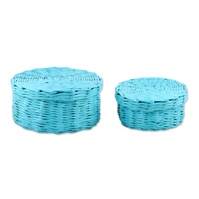 Eco-friendly paper baskets, 'Hello World' (pair) - Eco-Friendly Recycled Paper Baskets from India (Pair)
