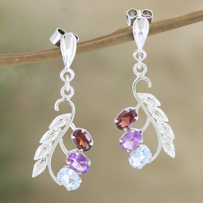 Rhodium-plated multi-gemstone dangle earrings, 'Changing Foliage' - Rhodium-Plated Amethyst and Garnet Dangle Earrings