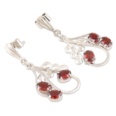 Rhodium-plated garnet dangle earrings, 'Blazing Leaves' - Handmade Rhodium-Plated Garnet Dangle Earrings