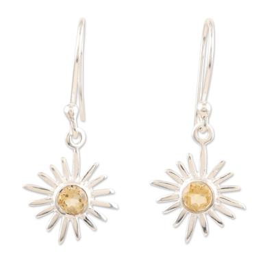 Citrine dangle earrings, 'Lemon Star' - Solar-Inspired Sterling Silver Earrings with Citrine