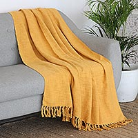 Woven Yellow Cotton Throw Blanket,'Marigold Charm'