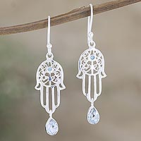 Featured review for Blue topaz dangle earrings, Hamsa Protection