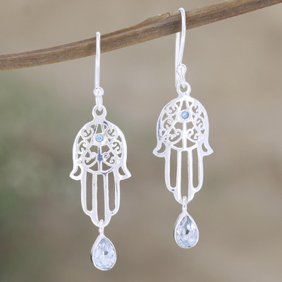 Blue topaz dangle earrings, 'Hamsa Protection' - Sterling Silver Hamsa Style Dangle Earrings with Blue Topaz