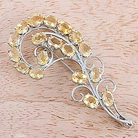 Citrine brooch, 'Golden Paisley' - Hand Made Citrine and Sterling Silver Brooch