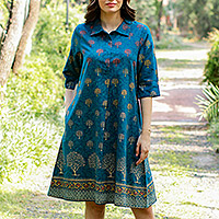 Hemdkleid aus Baumwollmischung mit Blockdruck, „Chanderi Garden“ – Hemdkleid mit Handblockdruck
