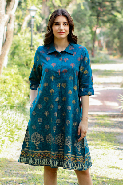 Hemdblusenkleid aus Baumwollmischung mit Blockdruck - Handblockbedrucktes Hemdkleid