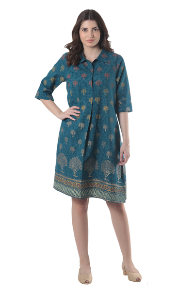 Block-printed cotton-blend shirtdress, 'Chanderi Garden' - Hand Block-Printed Shirtdress