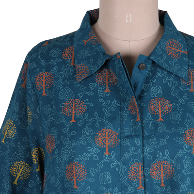 Block-printed cotton-blend shirtdress, 'Chanderi Garden' - Hand Block-Printed Shirtdress