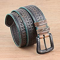 Men's leather belt, 'Handsome Checks' - Hand-Tooled Leather Men's Belt