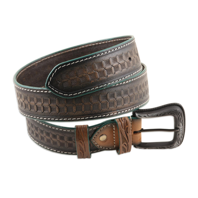 Men's leather belt, 'Handsome Checks' - Hand-Tooled Leather Men's Belt