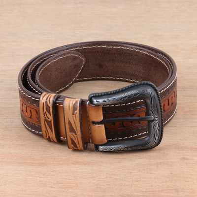 Men's leather belt, 'Serpentine' - Artisan Crafted Men's Brown Leather Belt