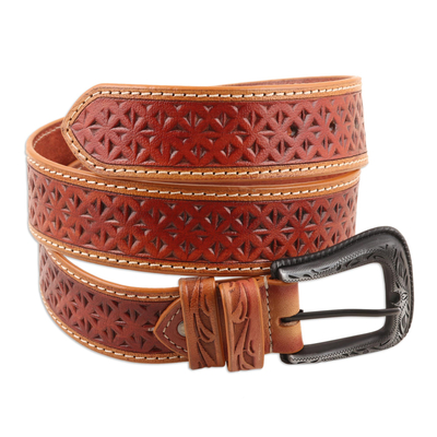 Men's leather belt, 'Crosscheck' - Tooled Men's Leather Belt
