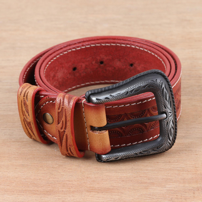 Men's leather belt, 'Mughal Arcs' - Handcrafted Russet Leather Belt