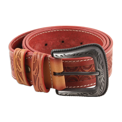 Men's leather belt, 'Mughal Arcs' - Handcrafted Russet Leather Belt