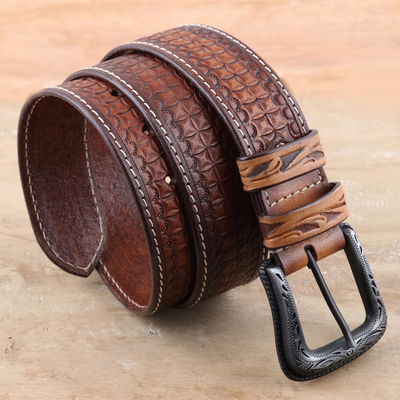 Cinturón de cuero para hombre, 'Cubed' - Cinturón de cuero marrón para hombre