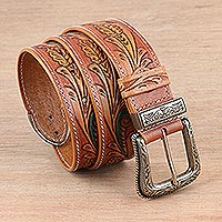 Men's leather belt, 'Royal Garden' - Leaf Motif Men's Leather Belt