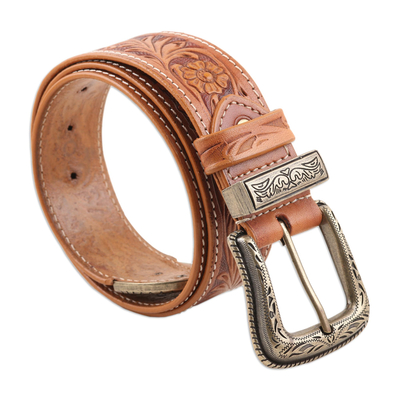 Men's leather belt, 'Garden Glory' - Men's Artisan Crafted Leather Belt