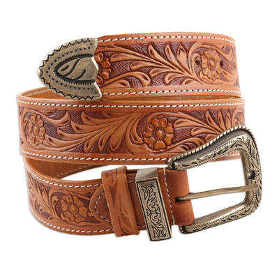 Men's leather belt, 'Garden Glory' - Men's Artisan Crafted Leather Belt