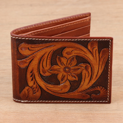 Leather wallet, 'Salado' - Hand-Tooled Leather Wallet from India