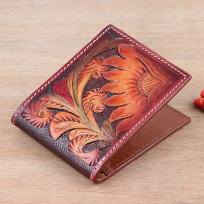 Leather wallet, 'Fire Garden' - Bifold Leather Wallet for Men or Women